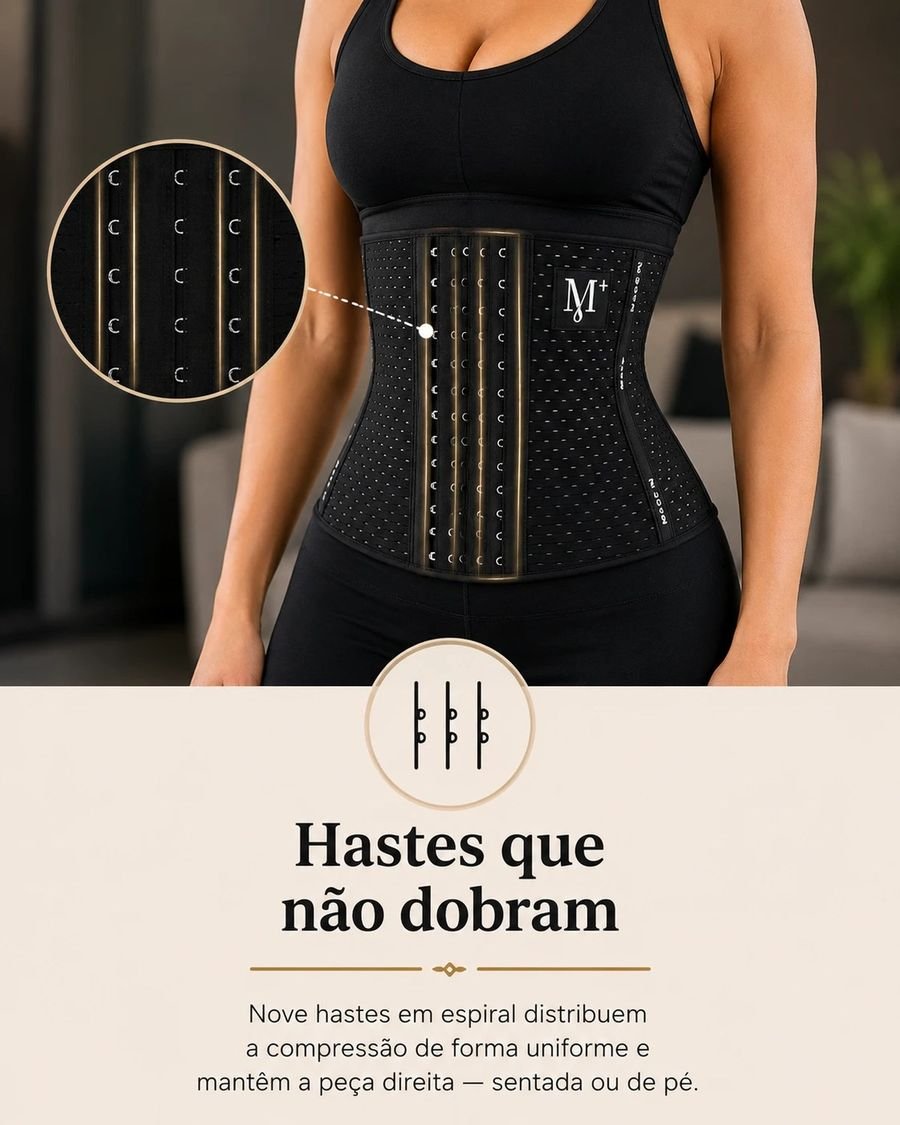 Hastes que não dobram — nove hastes em espiral distribuem a compressão de forma uniforme e mantêm a peça direita, sentada ou de pé.