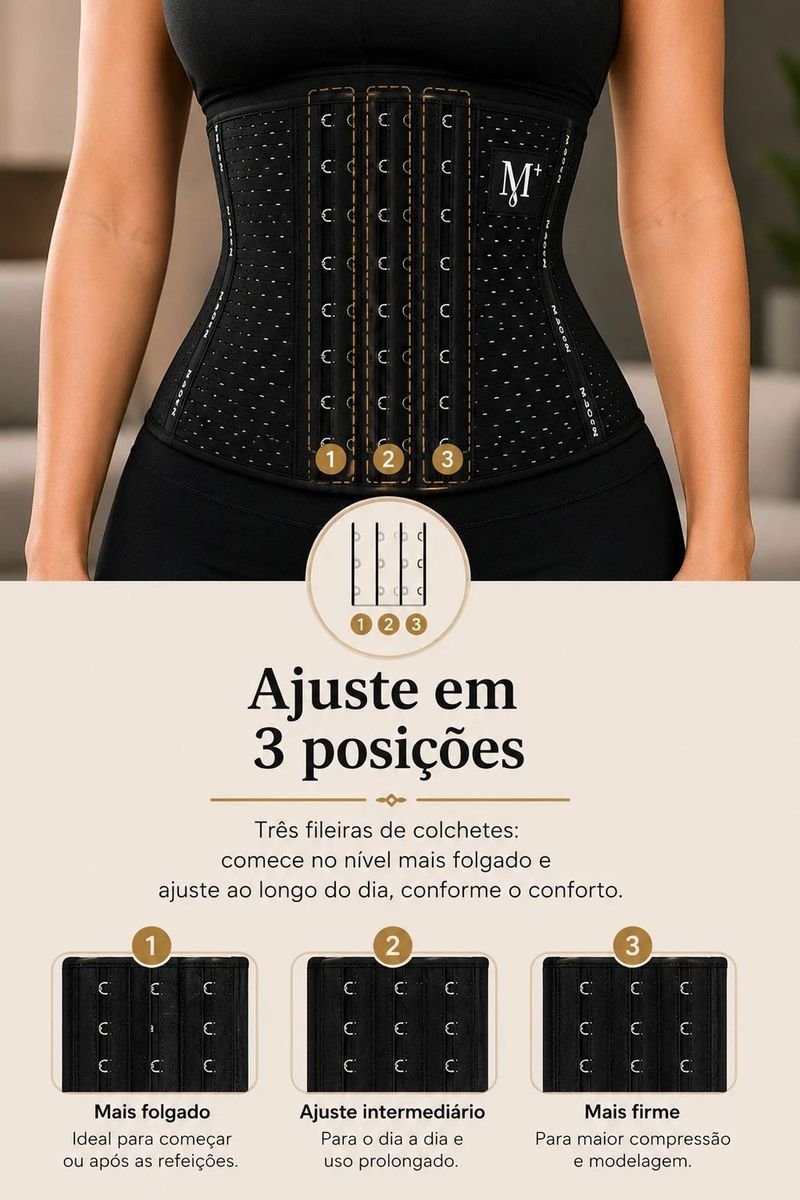 Ajuste em 3 posições — três fileiras de colchetes: comece no nível mais folgado e ajuste ao longo do dia, conforme o conforto.