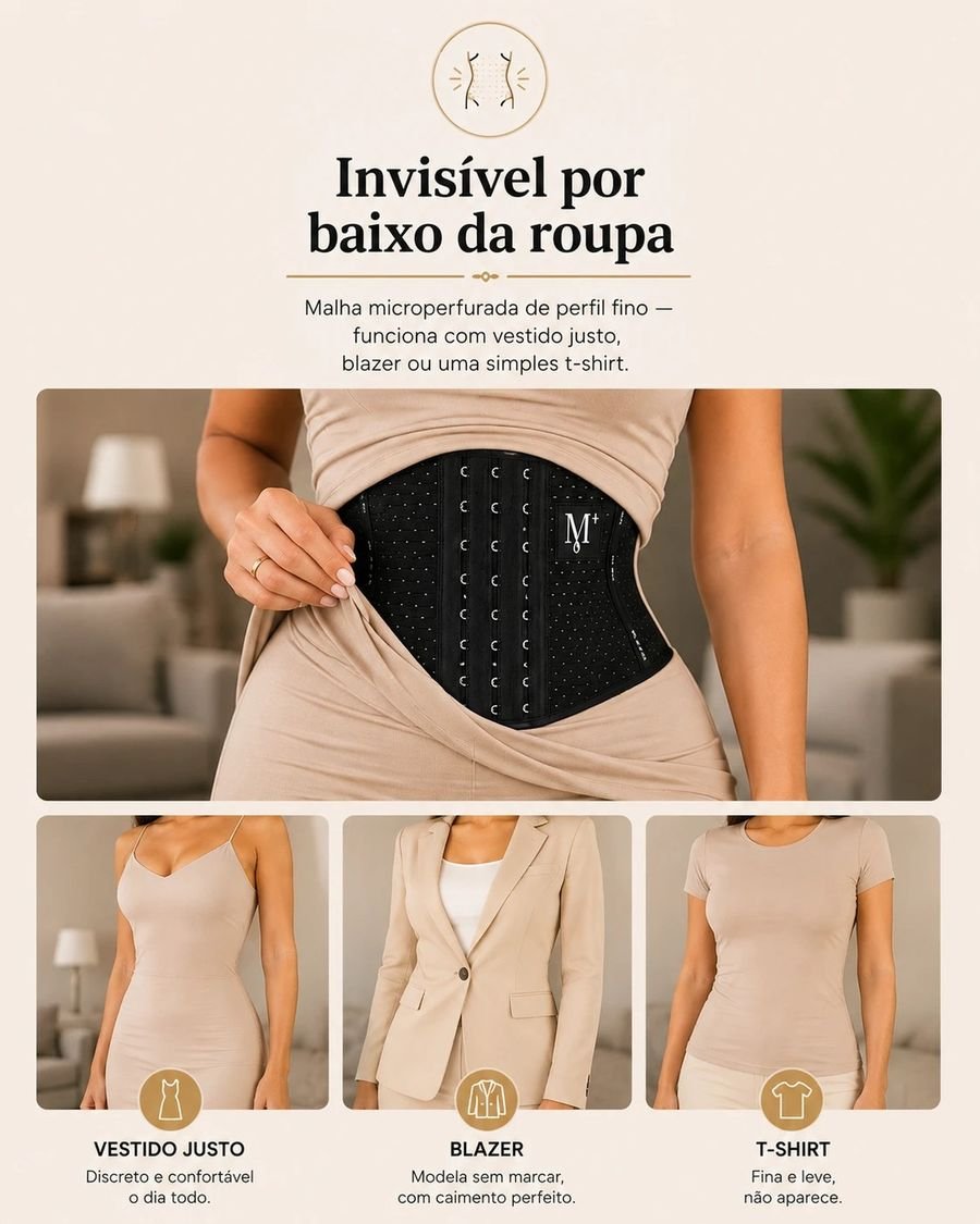 Invisível por baixo da roupa — malha microperfurada de perfil fino, funciona com vestido justo, blazer ou uma simples t-shirt.